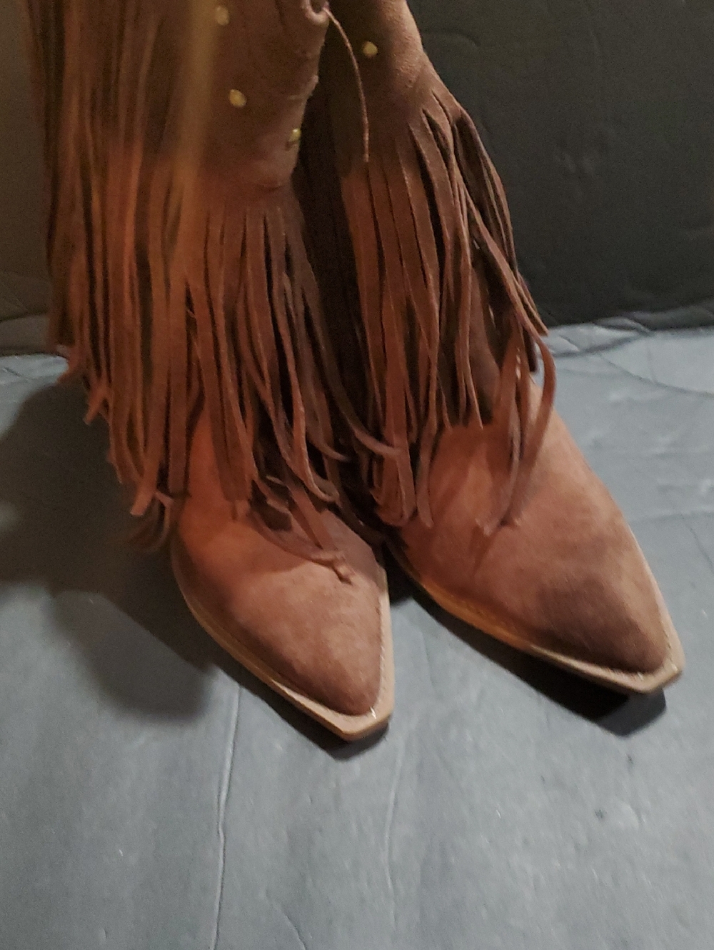 Brown faux suede fringed gold studded midcalf cowgirl cowboy boots size 10‎ new - Picture 10 of 11